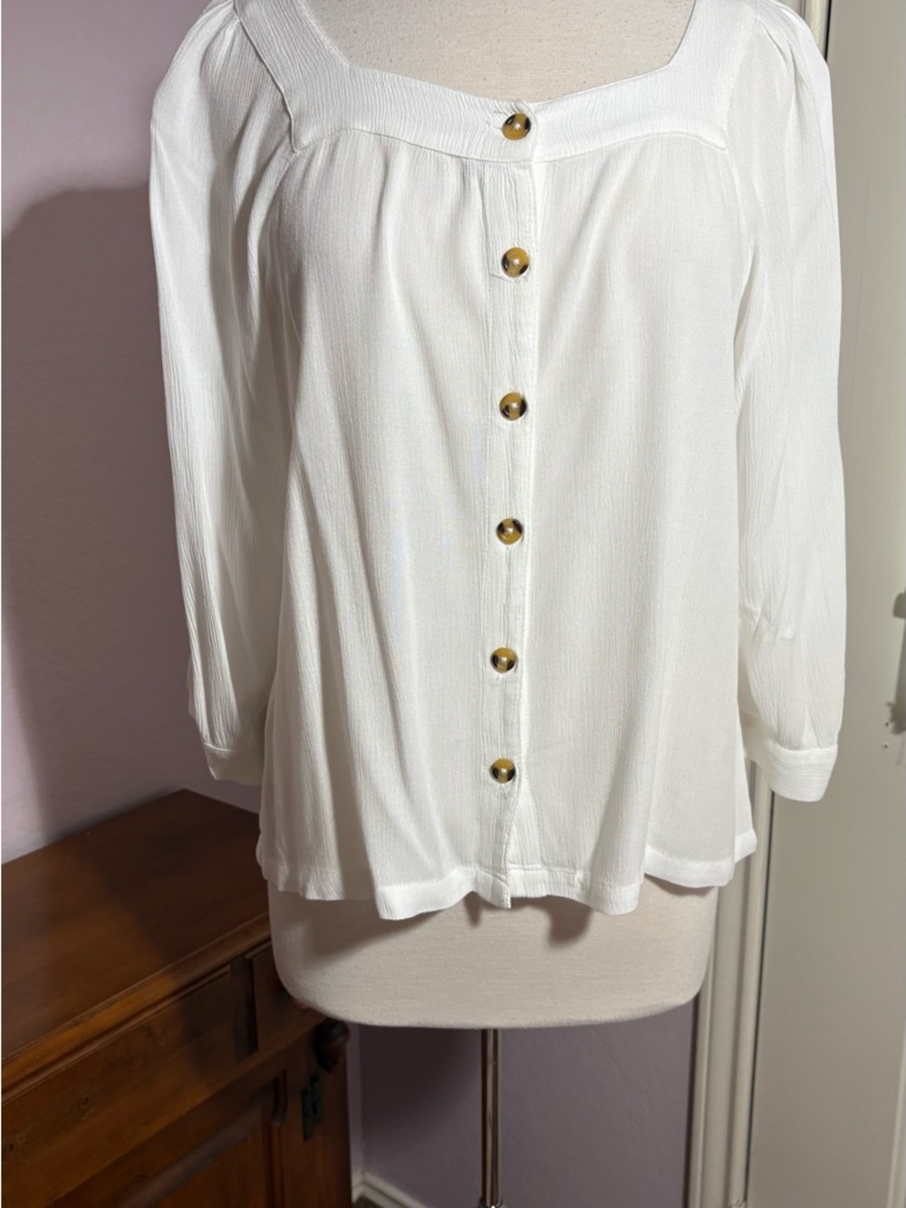 Garnet Hill White Square-Neck Button Front Blouse Size Medium
